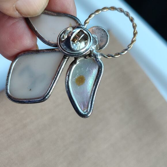 Joy Angel Lapel Pin Silver Tone and White Mother of Pearl - Picture 5 of 9